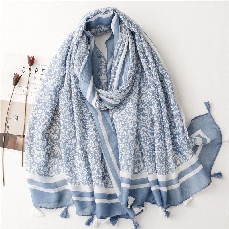 Foulard en coton Bleu & Blanc - Motif Floral