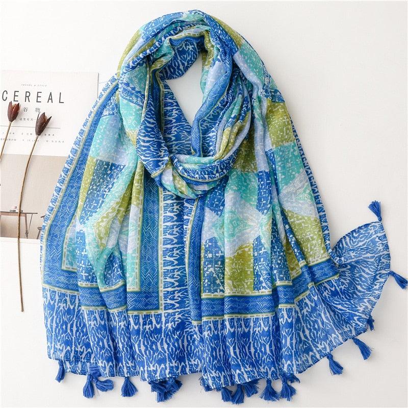 Foulard en coton bleu et vert avec motif losange - Édition Exclusive