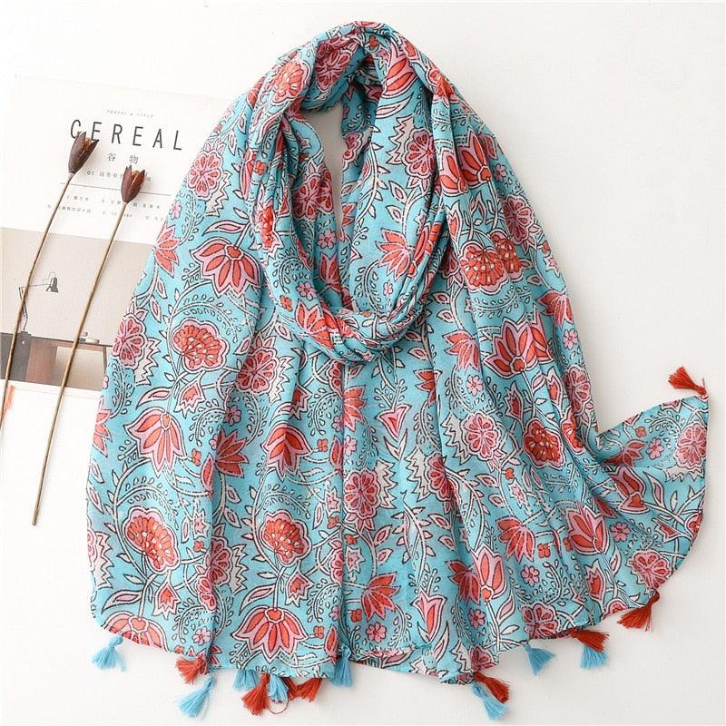 Foulard bohème en coton rouge et bleu avec motif floral