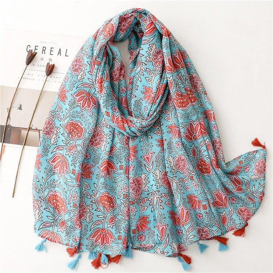 Foulard bohème en coton rouge et bleu avec motif floral