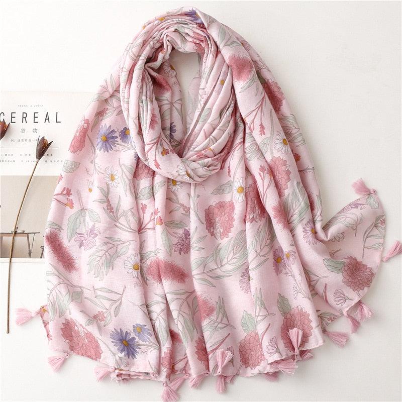 Foulard en coton rose doux à motif fleuri