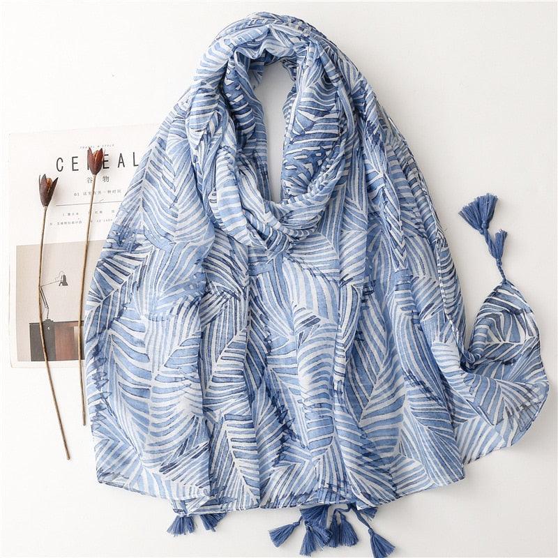 Foulard en coton "Feuillage Bleu Signature"