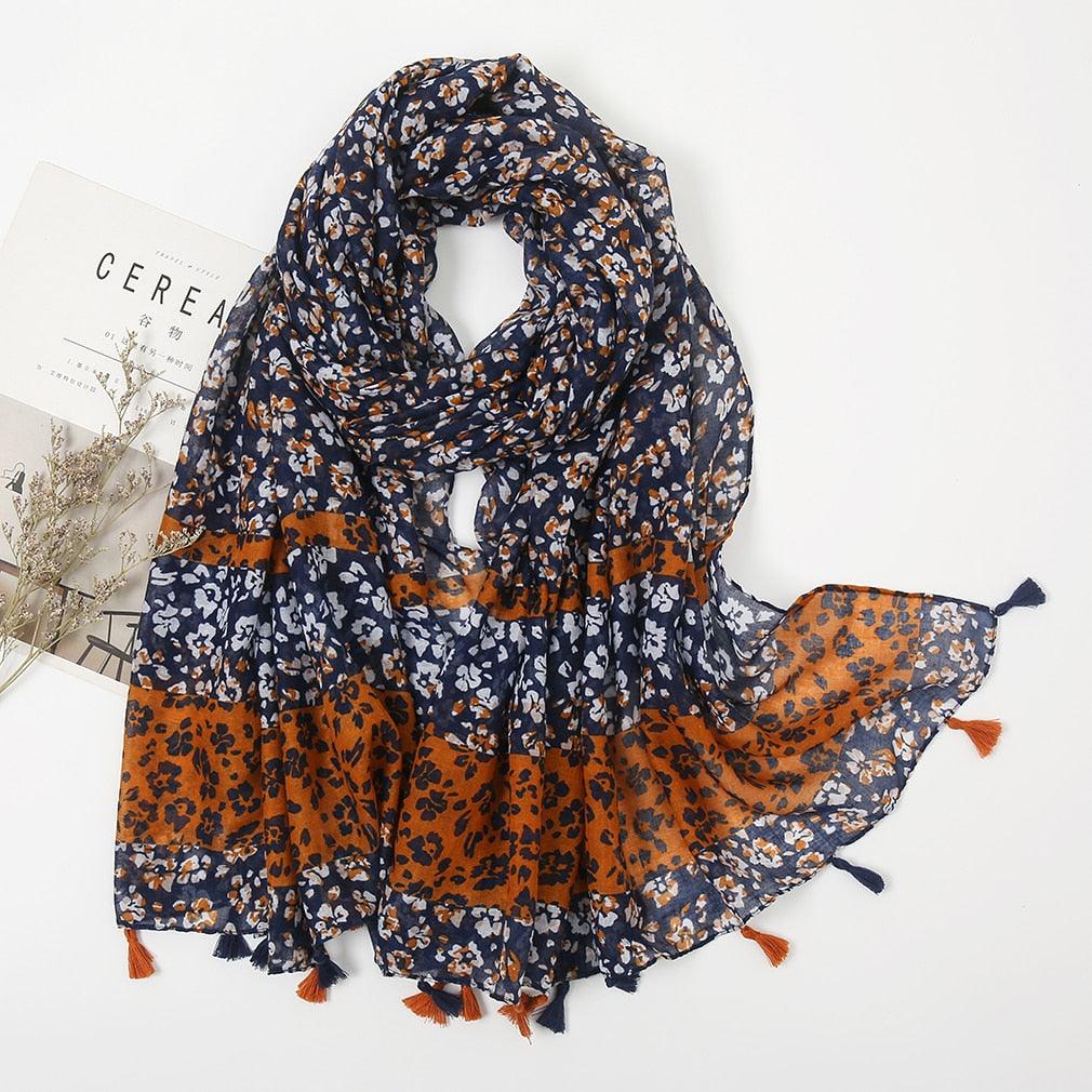 Foulard en coton floral bleu et orange - Collection Fleurs Vivantes