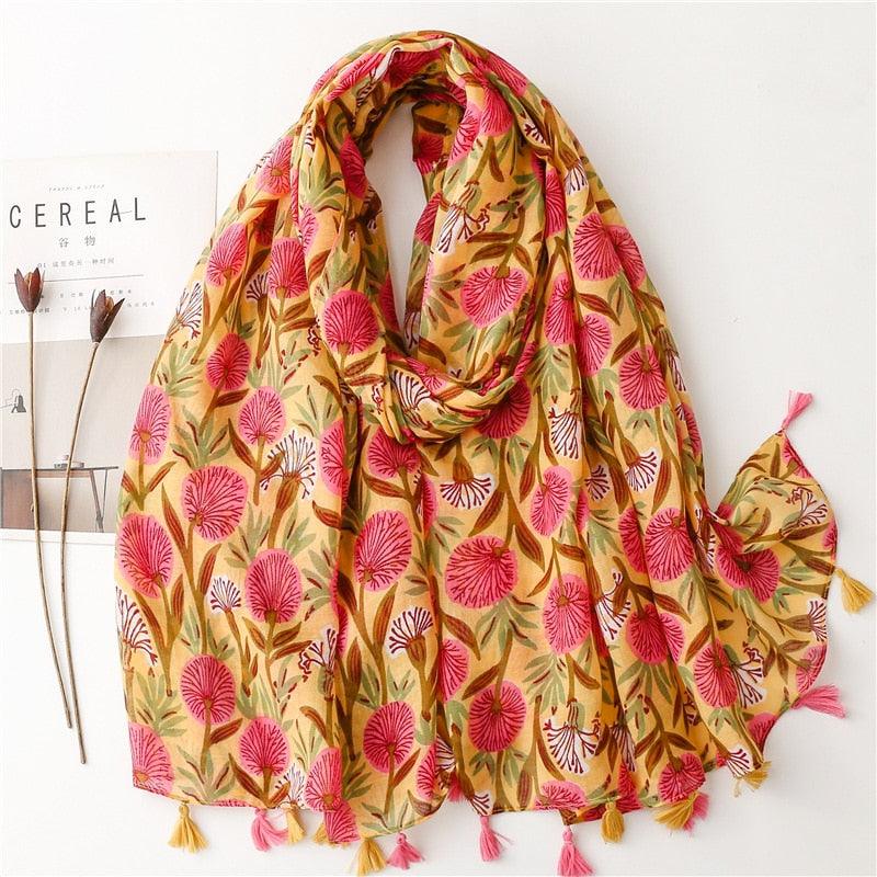 Foulard en coton jaune et pissenlit rose