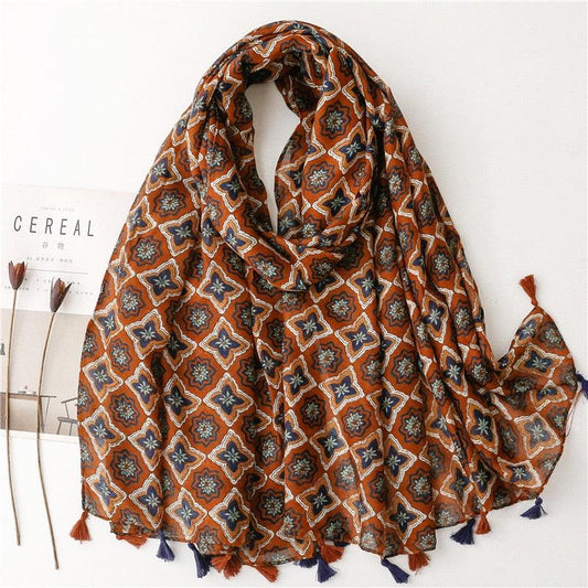 Foulard en coton marron avec motif géométrique chic