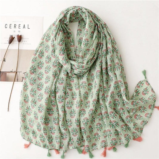 Foulard en coton pastel, motif floral vert et rose