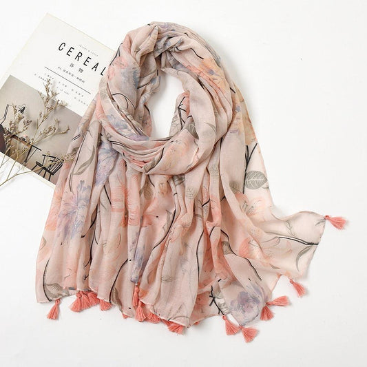 Foulard Rosé En Coton : Fleurs & Feuillage Pastel