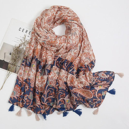 Foulard vintage en coton à motif floral bleu et orange