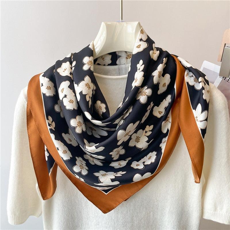 Foulard vintage en sergé fleuri Bleu