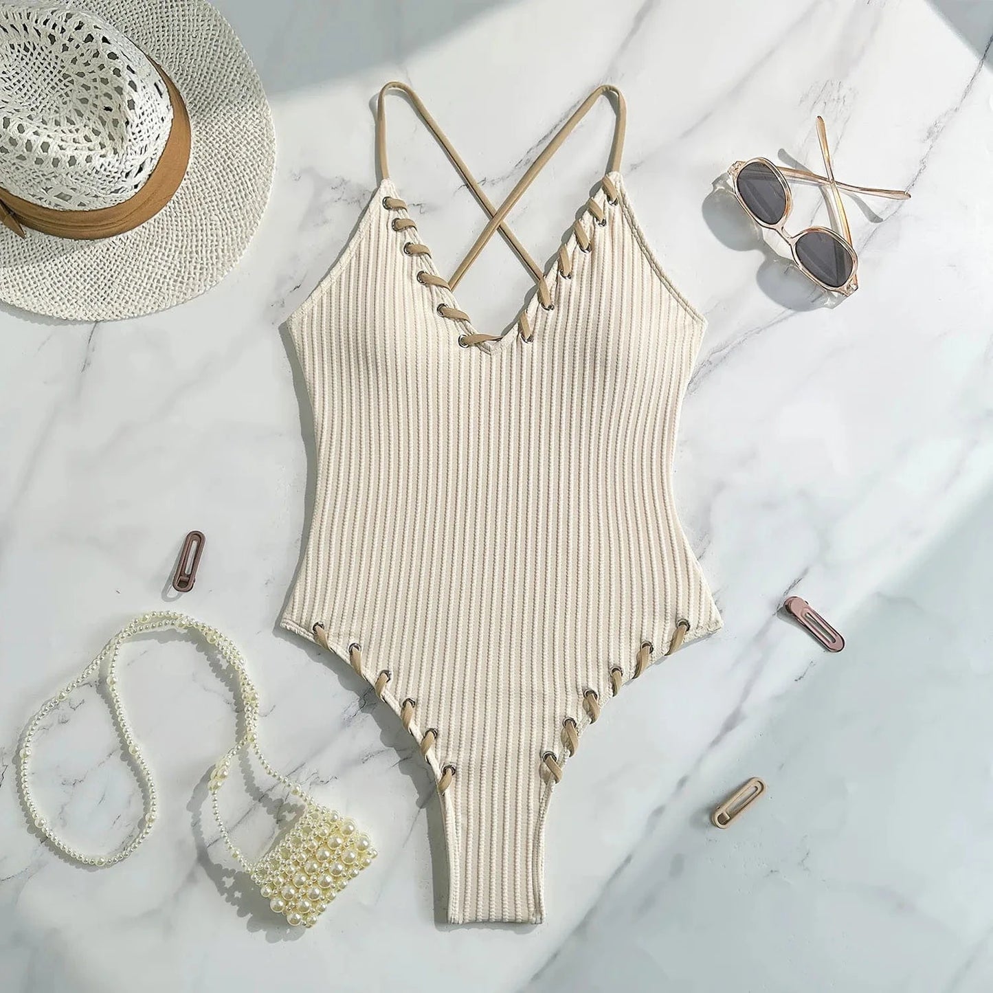 Maillot de Bain 1 Pièce Côtelé Élégant avec Détails en Laçage - Style Moderne et Confort Assuré Blanc / S