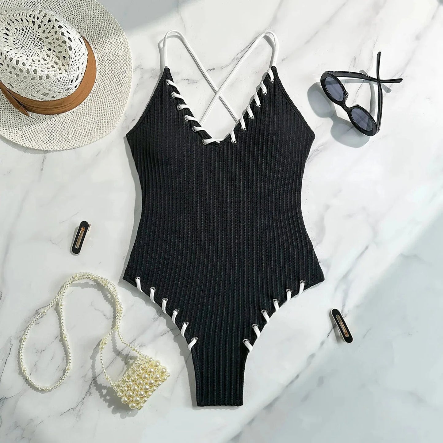 Maillot de Bain 1 Pièce Côtelé Élégant avec Détails en Laçage - Style Moderne et Confort Assuré Noir / S