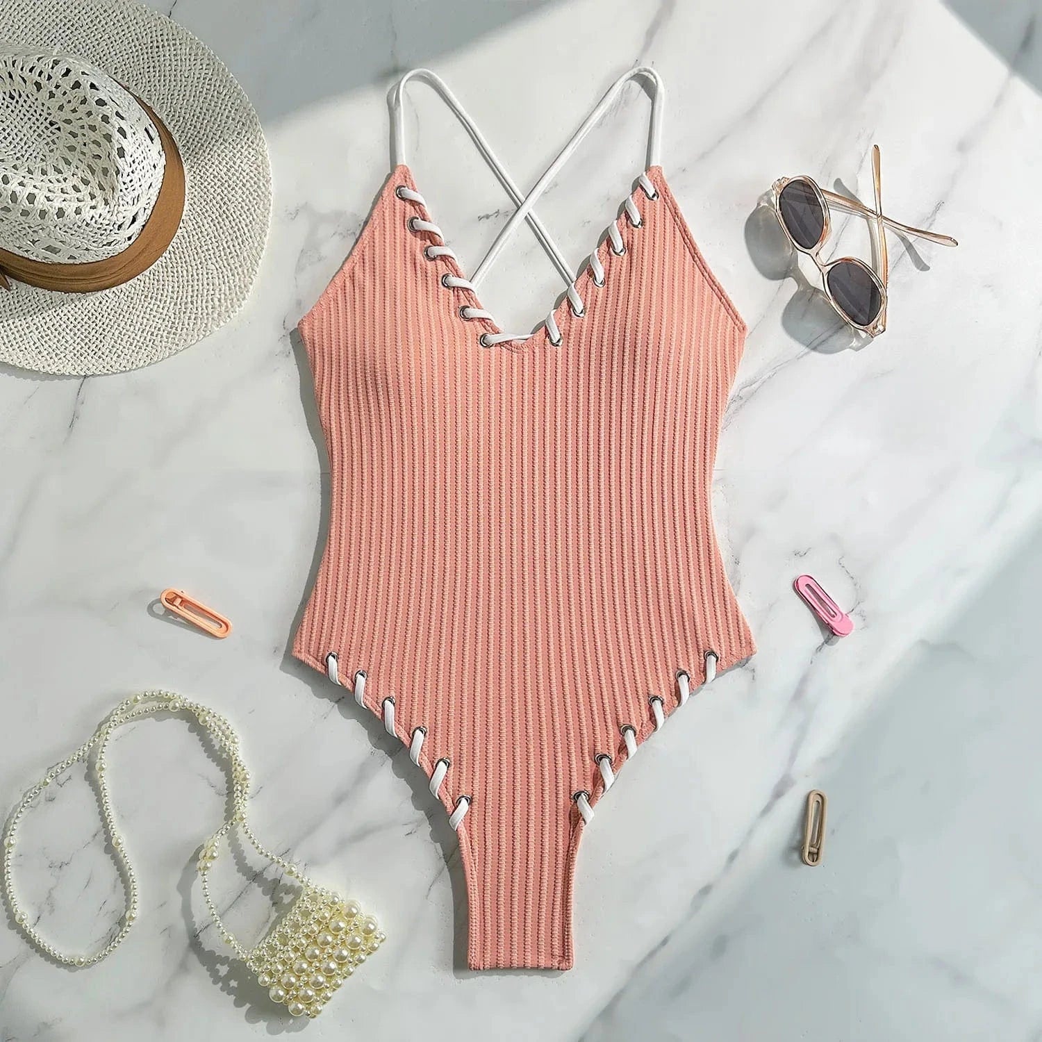 Maillot de Bain 1 Pièce Côtelé Élégant avec Détails en Laçage - Style Moderne et Confort Assuré Rose / S