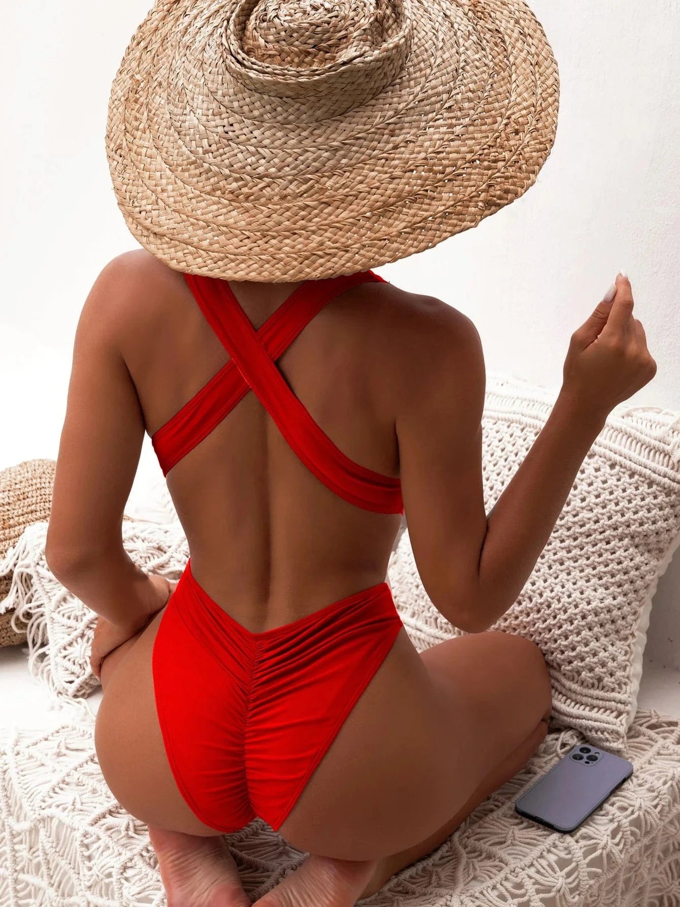 Maillot de Bain Croisé Bicolore Femme Élégance et Confort. Rouge / S