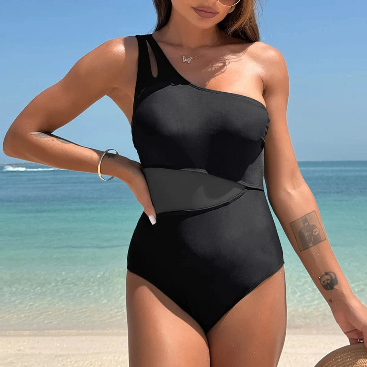 Maillot de Bain Une Pièce Asymétrique Rose avec Résille - Élégance et Confort Audacieux Noir / S