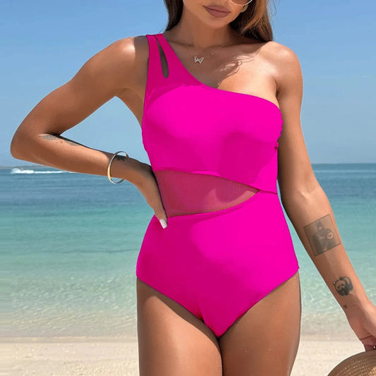 Maillot de Bain Une Pièce Asymétrique Rose avec Résille - Élégance et Confort Audacieux Rose / S