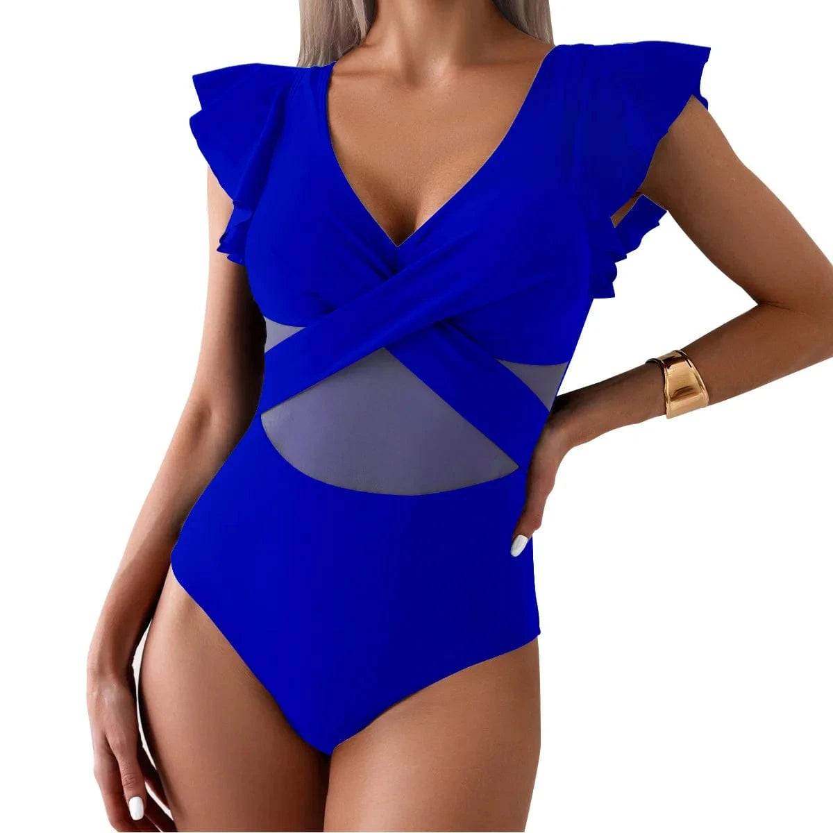 Maillot de Bain Une Pièce Col en V Noir Élégant avec Manches Volantées et Détails Croisés Bleu / XXL