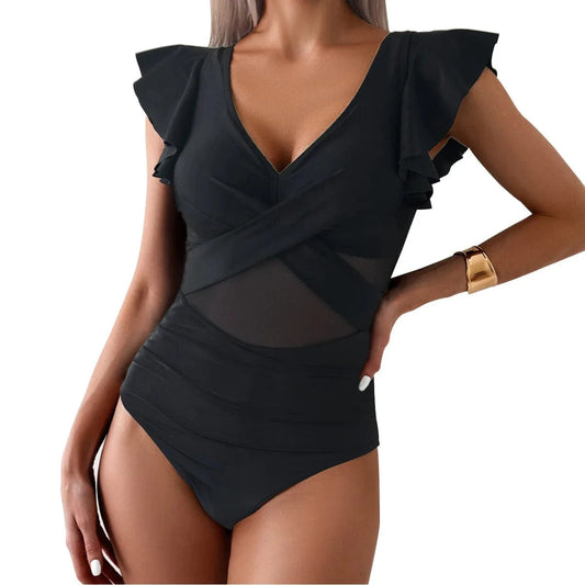 Maillot de Bain Une Pièce Col en V Noir Élégant avec Manches Volantées et Détails Croisés Noir / S
