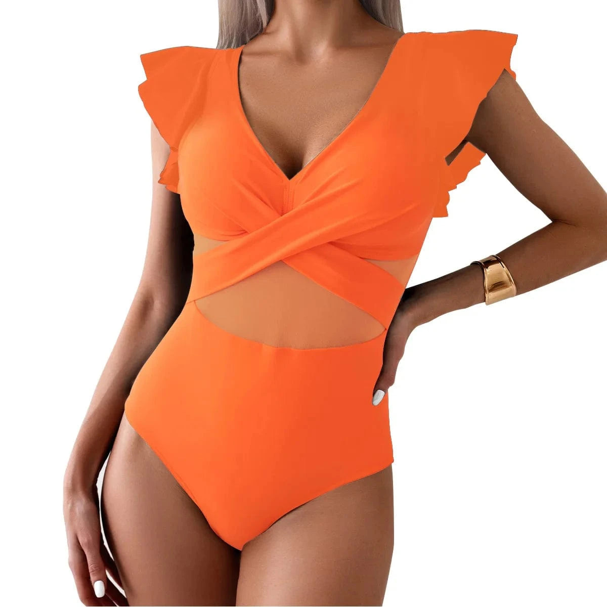 Maillot de Bain Une Pièce Col en V Noir Élégant avec Manches Volantées et Détails Croisés Orange / XXL