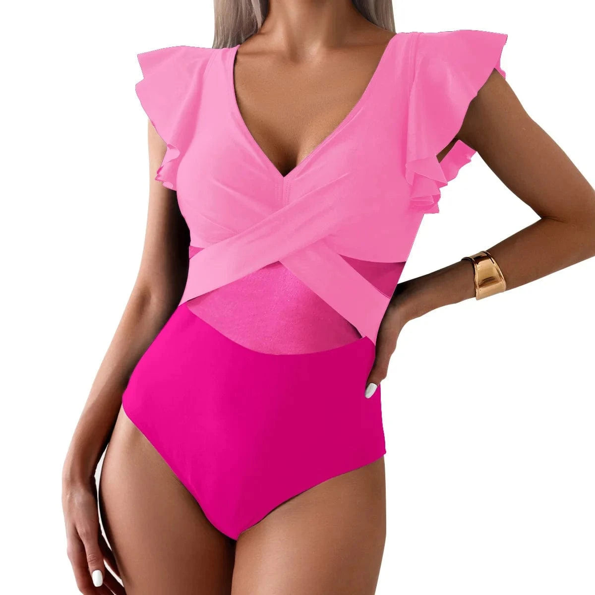 Maillot de Bain Une Pièce Col en V Noir Élégant avec Manches Volantées et Détails Croisés Rose Bicolore / XXL