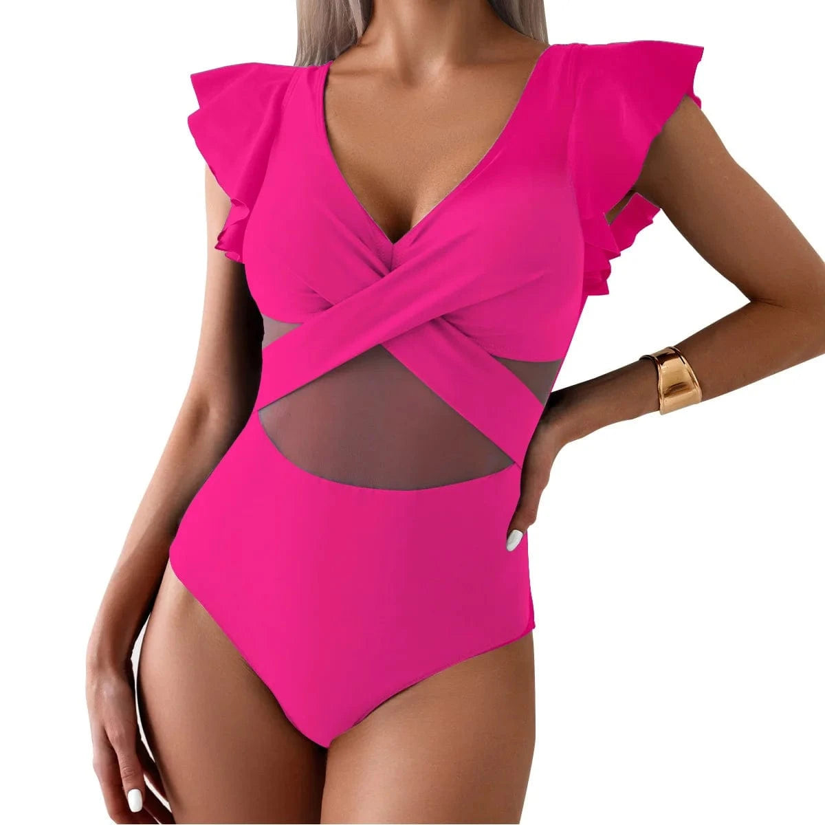 Maillot de Bain Une Pièce Col en V Noir Élégant avec Manches Volantées et Détails Croisés Rose / XXL