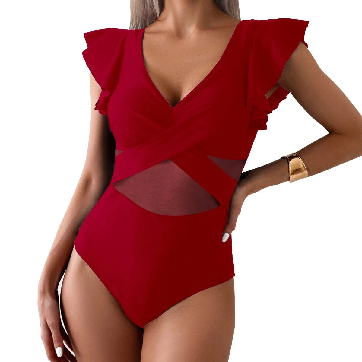 Maillot de Bain Une Pièce Col en V Noir Élégant avec Manches Volantées et Détails Croisés Rouge Foncé / L