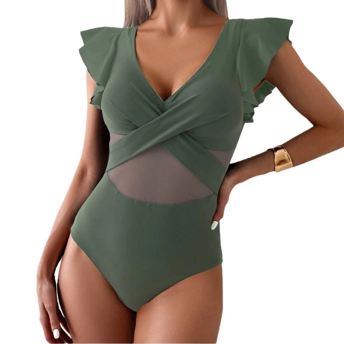 Maillot de Bain Une Pièce Col en V Noir Élégant avec Manches Volantées et Détails Croisés Vert Armée / XL