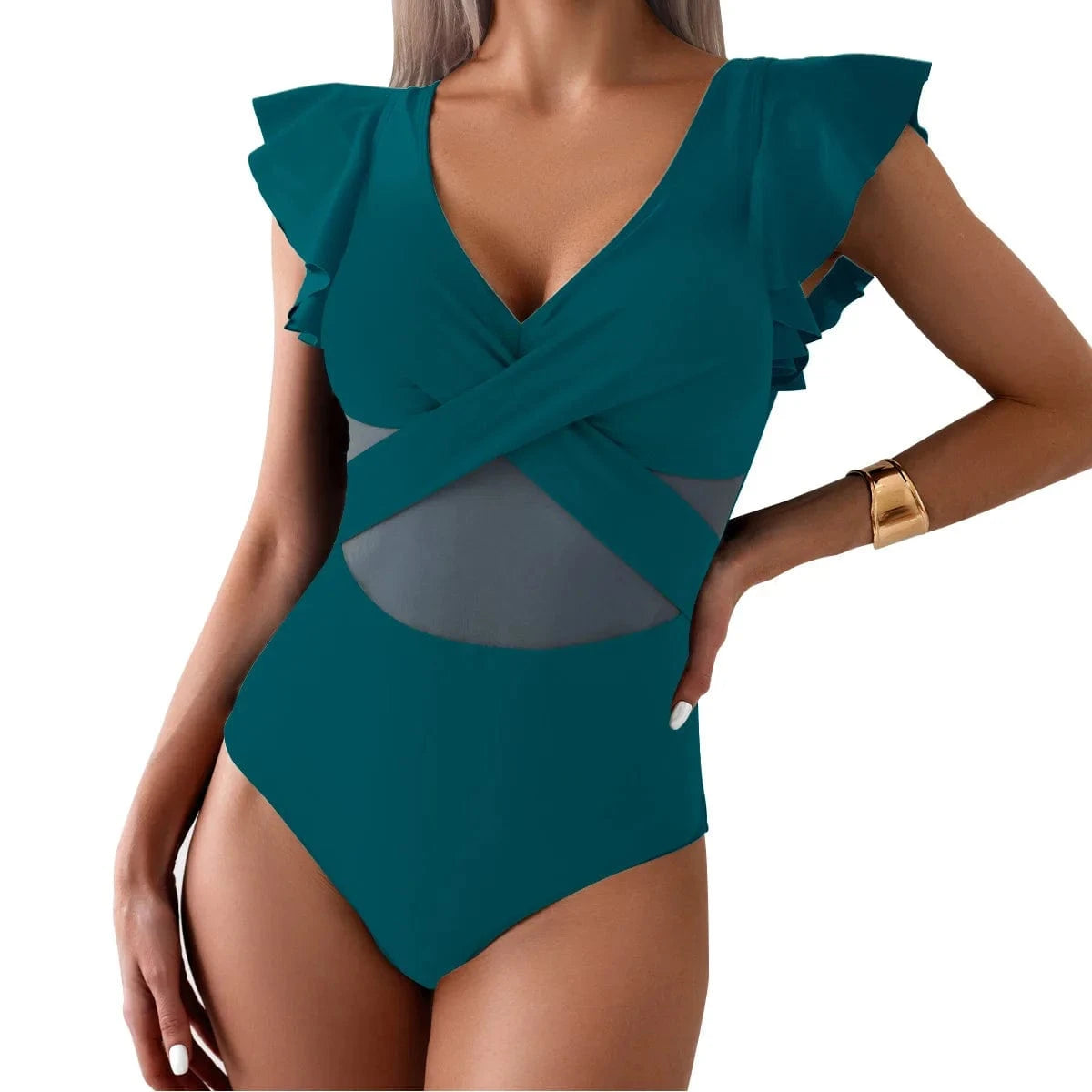 Maillot de Bain Une Pièce Col en V Noir Élégant avec Manches Volantées et Détails Croisés Vert d'eau / XXL