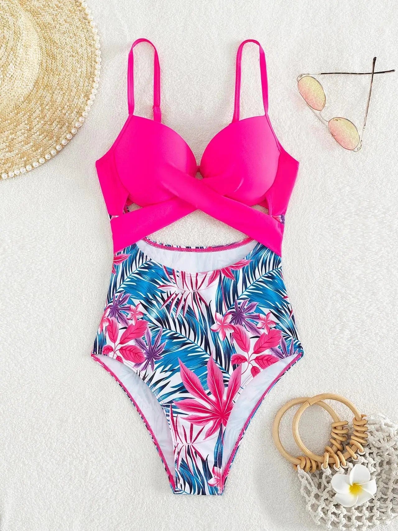 Maillot de Bain Une Pièce Croisé Tropical Rose Élégant pour Un Style Estival Raffiné
