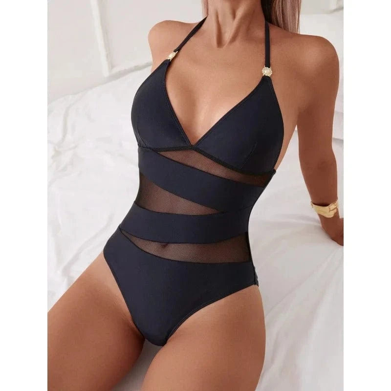 Maillot de Bain Une Pièce Élégant avec Découpes en Mesh Noir - Design Moderne et Sophistiqué S