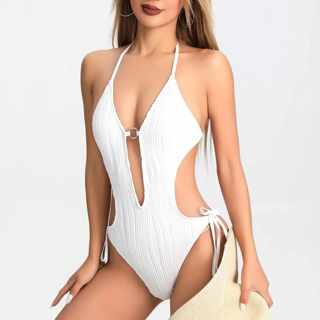Maillot de Bain Une Pièce Texturé Blanc Moderne - Élégance Intemporelle pour la Plage