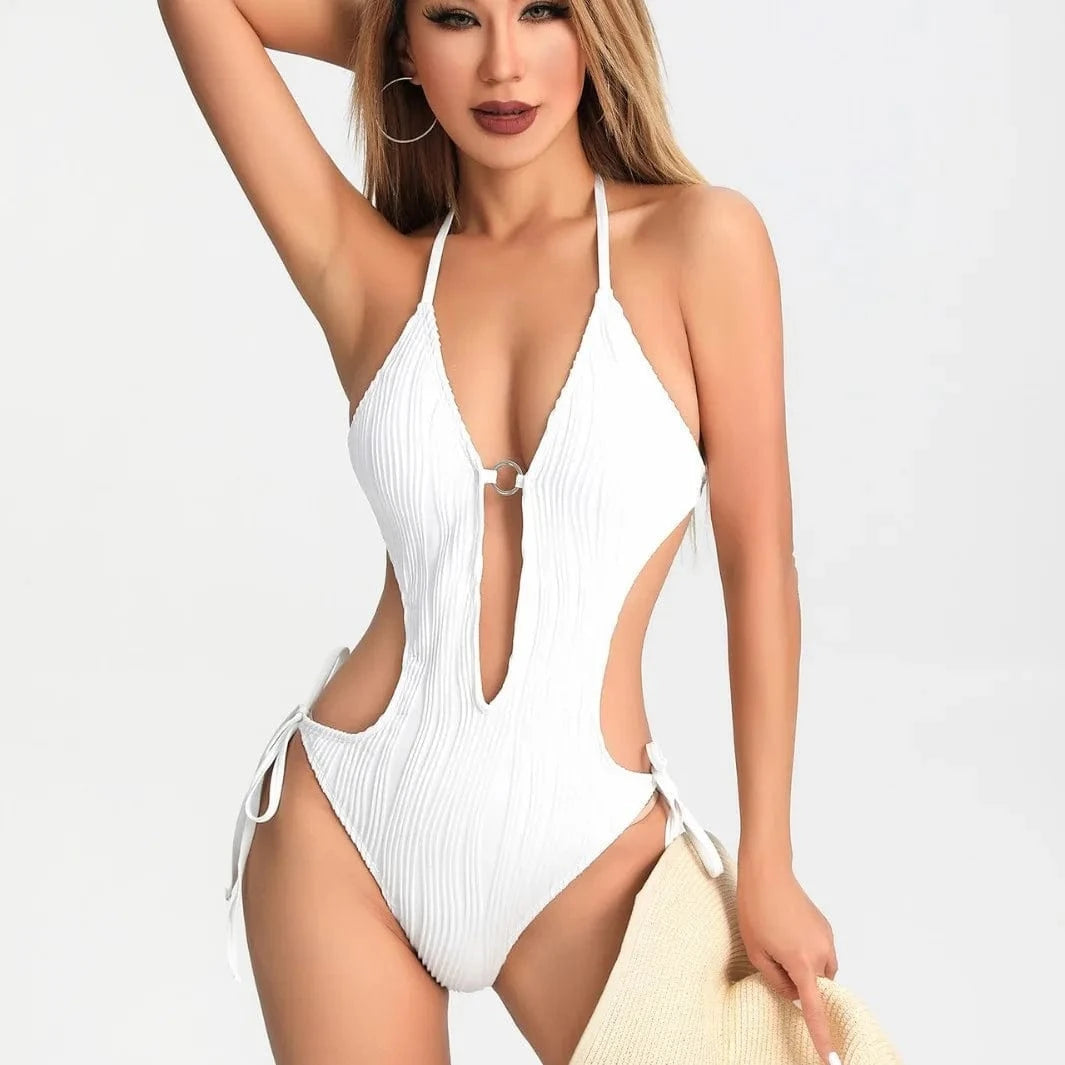 Maillot de Bain Une Pièce Texturé Blanc Moderne - Élégance Intemporelle pour la Plage