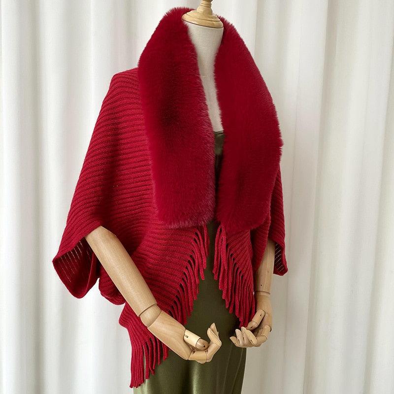 Poncho en cachemire et fausse fourrure Luxe & Style Rouge