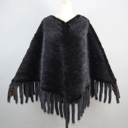 Poncho en fourrure de vison naturelle avec franges XL