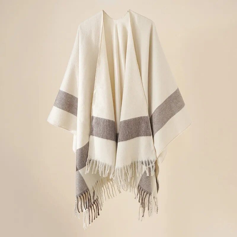 Poncho Touché Luxe en Cachemire avec Bande Contrastée Beige