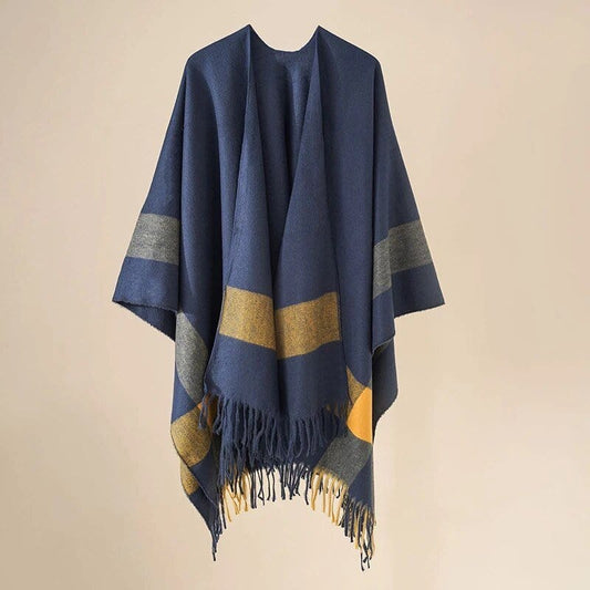Poncho Touché Luxe en Cachemire avec Bande Contrastée Bleu