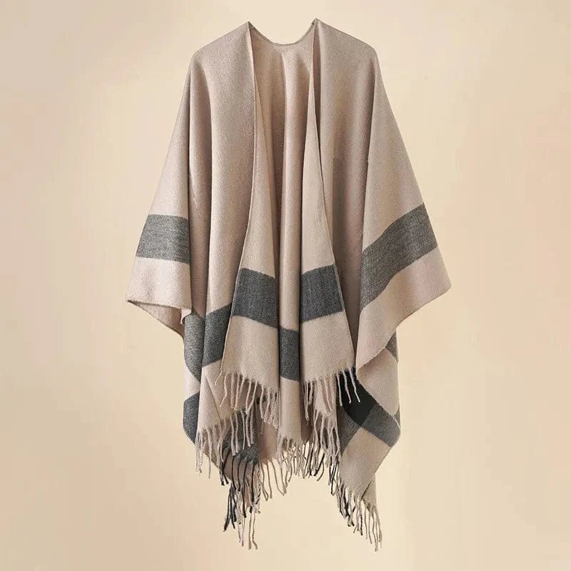 Poncho Touché Luxe en Cachemire avec Bande Contrastée Marron