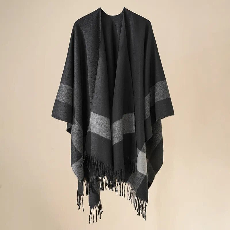 Poncho Touché Luxe en Cachemire avec Bande Contrastée Noir