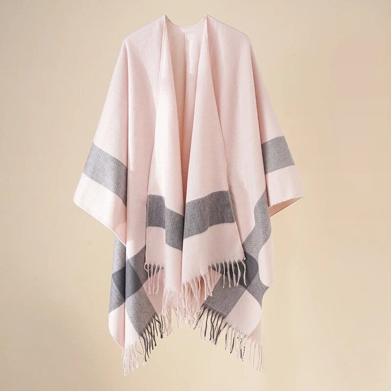 Poncho Touché Luxe en Cachemire avec Bande Contrastée Rose
