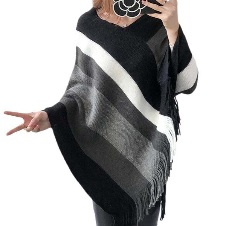 Poncho Touché Luxe en Cachemire avec Bande de Couleurs