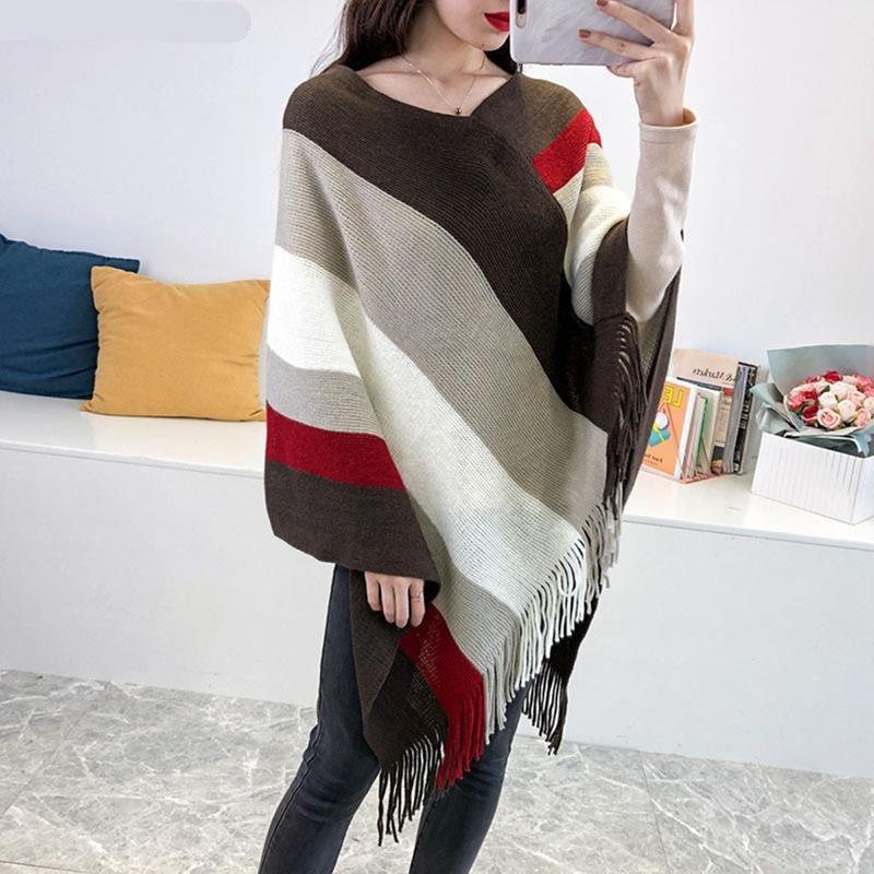 Poncho Touché Luxe en Cachemire avec Bande de Couleurs