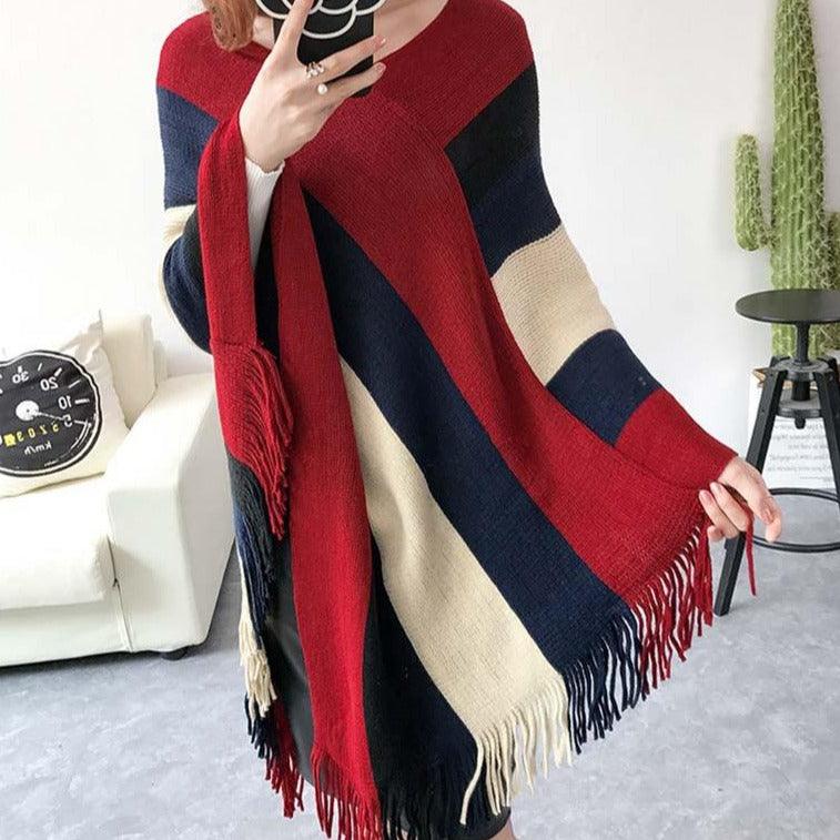 Poncho Touché Luxe en Cachemire avec Bande de Couleurs