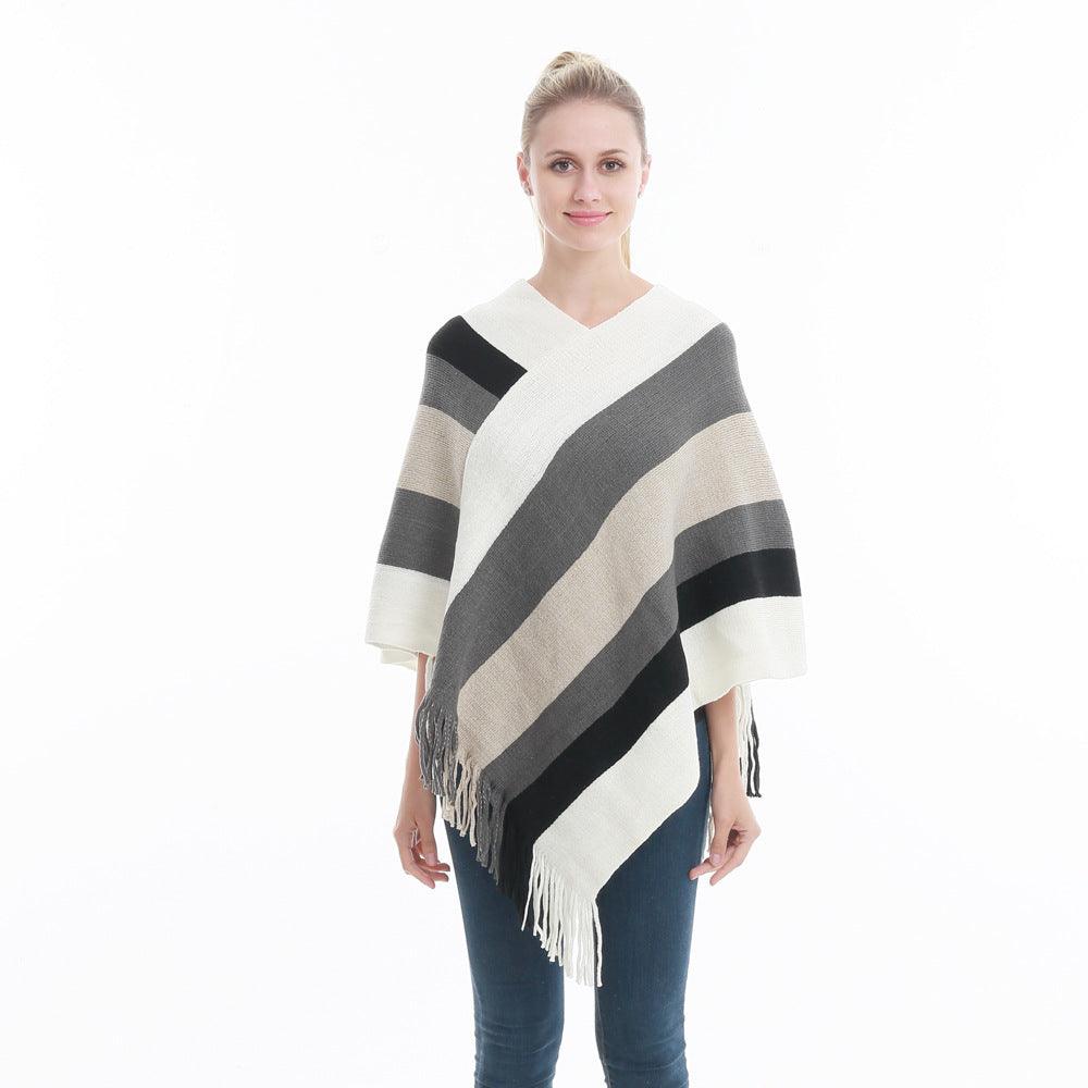 Poncho Touché Luxe en Cachemire avec Bande de Couleurs Blanc