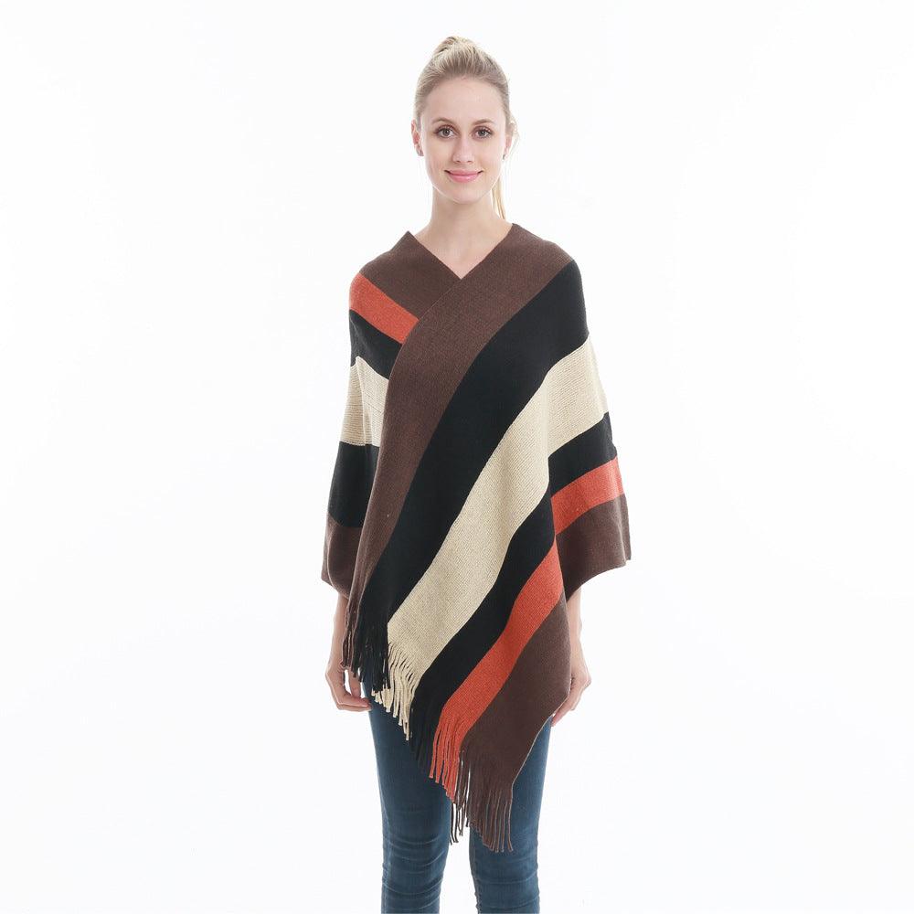 Poncho Touché Luxe en Cachemire avec Bande de Couleurs Marron