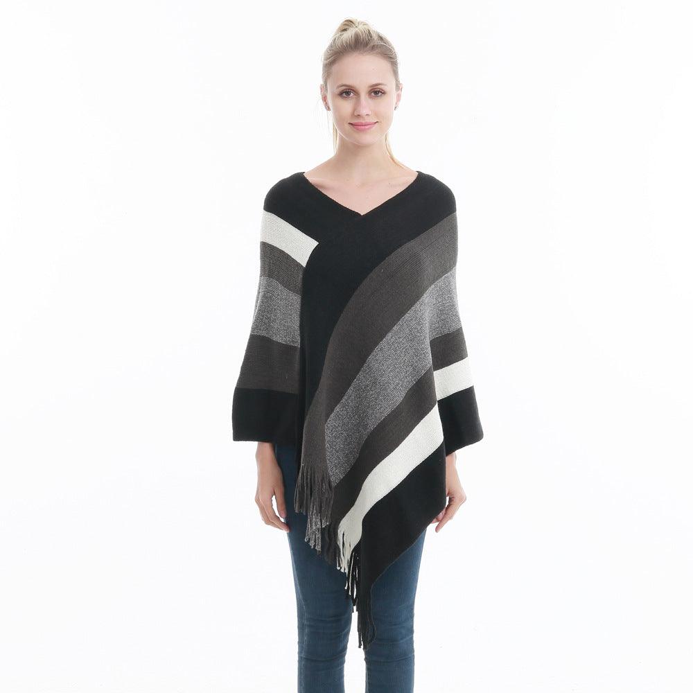 Poncho Touché Luxe en Cachemire avec Bande de Couleurs Noir