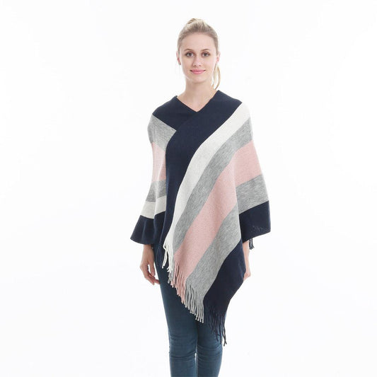 Poncho Touché Luxe en Cachemire avec Bande de Couleurs Rose