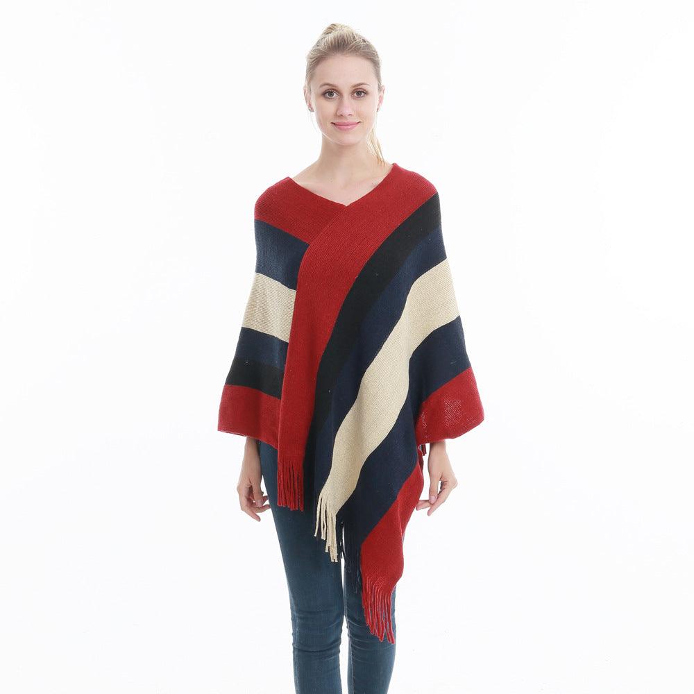 Poncho Touché Luxe en Cachemire avec Bande de Couleurs Rouge