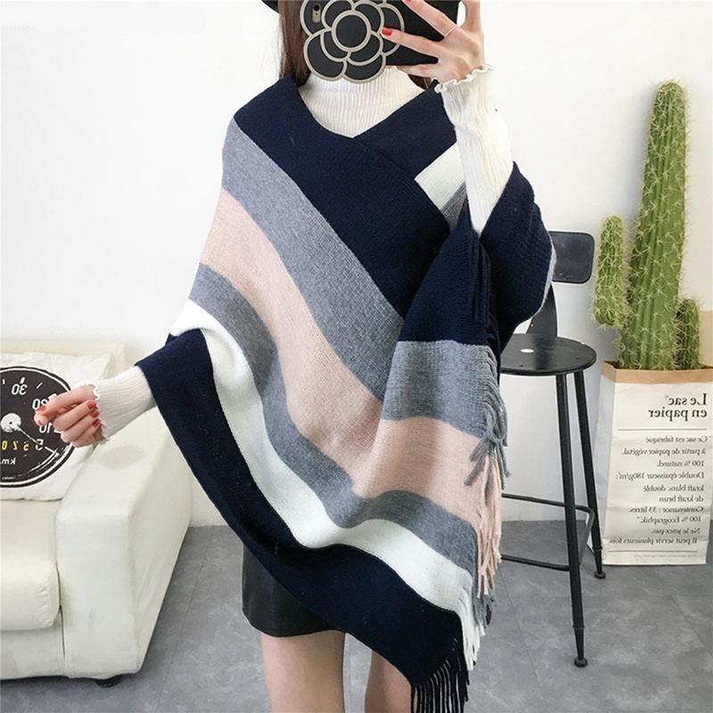 Poncho Touché Luxe en Cachemire avec Bande de Couleurs