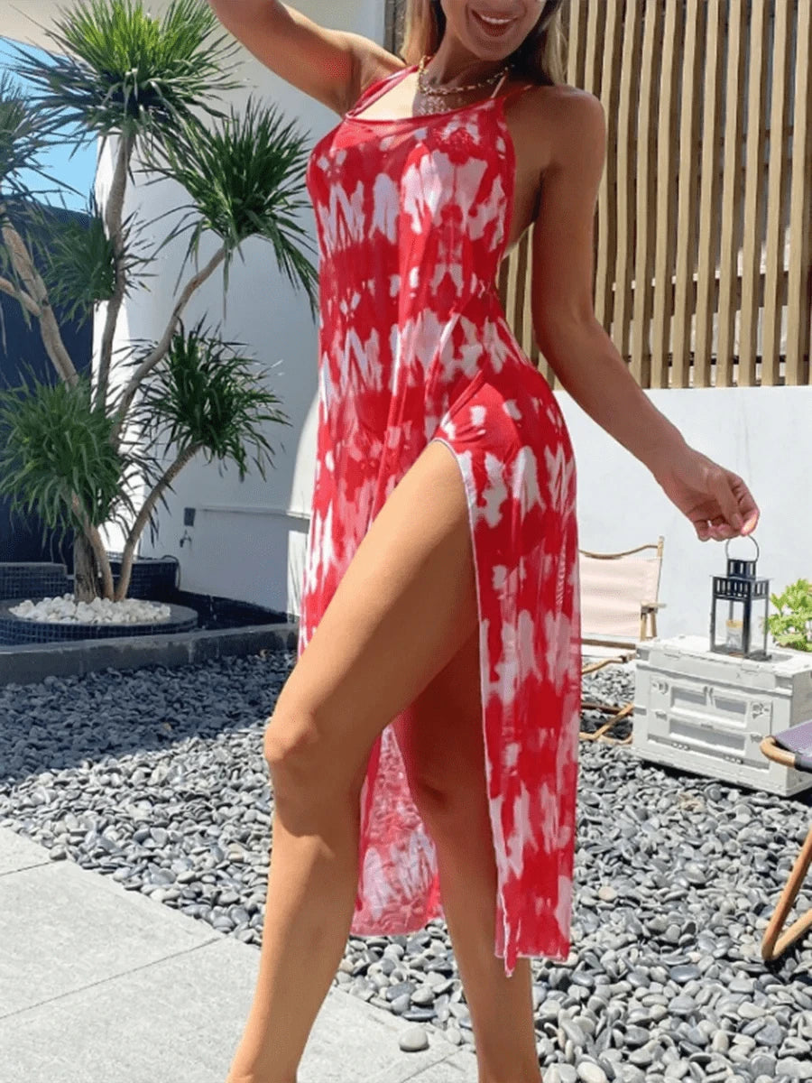 Robe de Plage Tie-Dye Rouge Élégance Été : Style et Confort Pour Vos Journées ensoleillées S